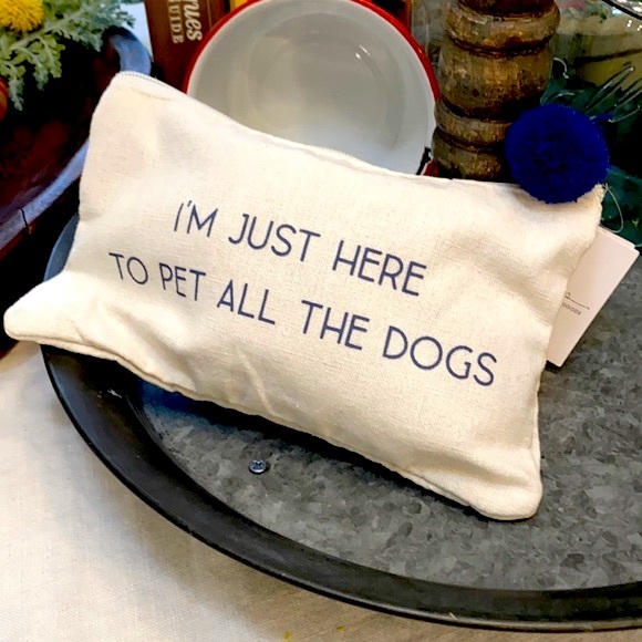 Ever Ellis Canvas And Blue Pom Zip Pack Sack “I’m Just Here To Pet All The Dogs” - Picture 3 of 9